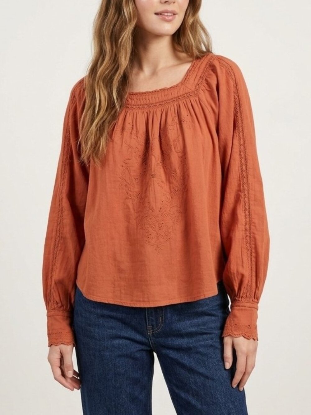 READY Peasant Boho Blouse Liv Los Angeles Rust Eyelet Embroidered M